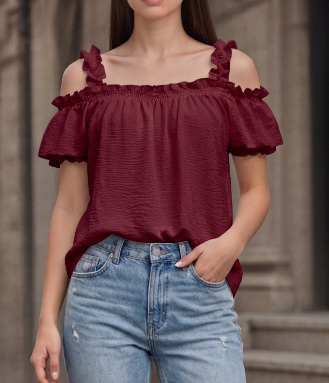 Damen Schulterfreies Crinkle-Top mit Smok-Bandeau, Rüschen‑Trägern und Flügelärmeln Shop Nory
