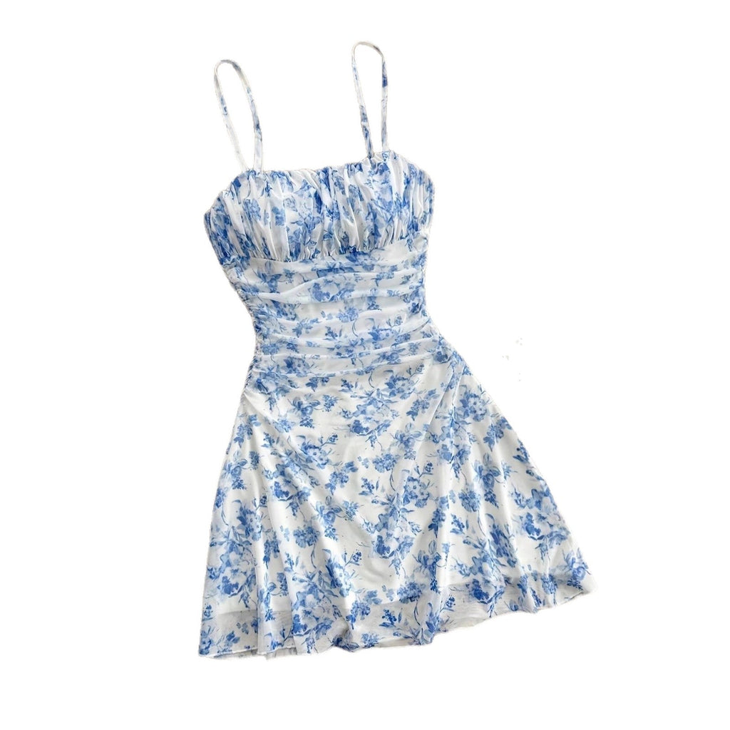 Damen Sommerliches Blumenkleid mit Spaghetti-Trägern und Raffungen