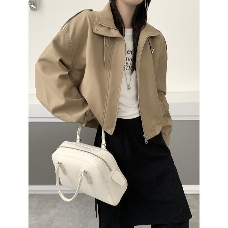 Damen Kurze Bomberjacke im Trench-Style mit hohem Stehkragen und Schulterpatten Shop Nory