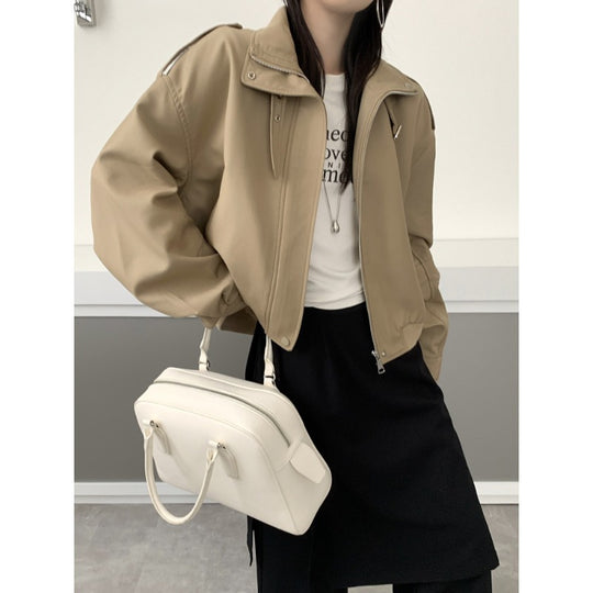 Damen Kurze Bomberjacke im Trench-Style mit hohem Stehkragen und Schulterpatten Shop Nory