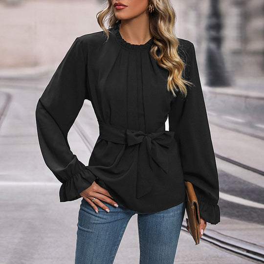 Damen Raffinierte Langarmbluse mit Rüschenkragen, Kellerfalten und Taillenband Shop Nory