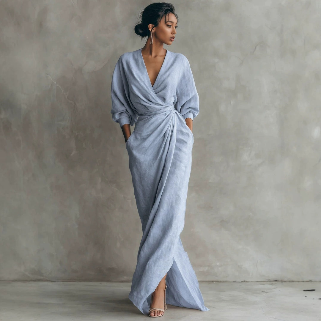 Damen Wickel-Maxikleid aus Leinenmix mit tiefem V-Ausschnitt und Ballonärmeln Shop Nory