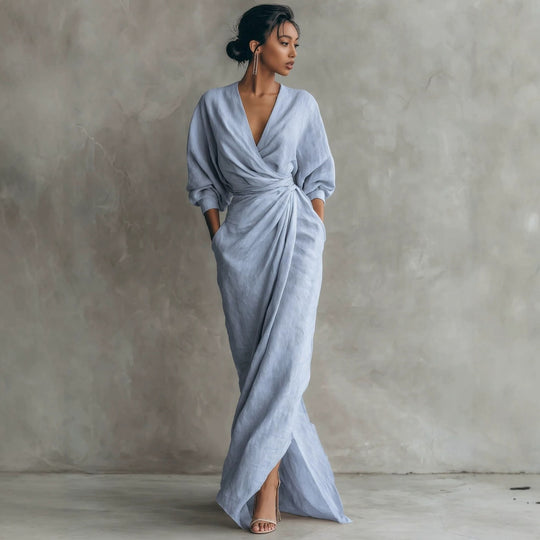 Damen Wickel-Maxikleid aus Leinenmix mit tiefem V-Ausschnitt und Ballonärmeln Shop Nory