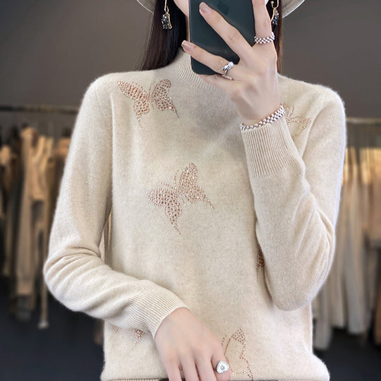 Damen Stehkragen-Feinstrickpullover mit Strass-Schmetterlingsapplikation Shop Nory