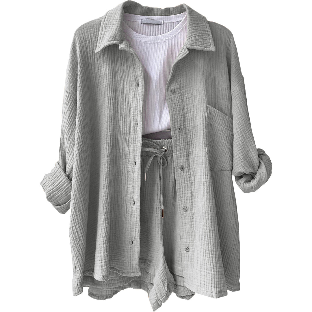 Damen nan lässiges oversized Hemd und Shorts Set mit Brusttasche Kordelbund und gerauter Baumwollstruktur Shop Nory