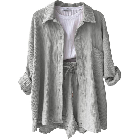 Damen nan lässiges oversized Hemd und Shorts Set mit Brusttasche Kordelbund und gerauter Baumwollstruktur Shop Nory