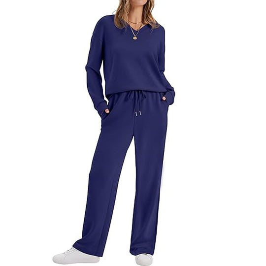 Damen Lässiges Lounge-Set mit V-Ausschnitt-Sweatshirt und weiten Tunnelzug-Hosen Shop Nory