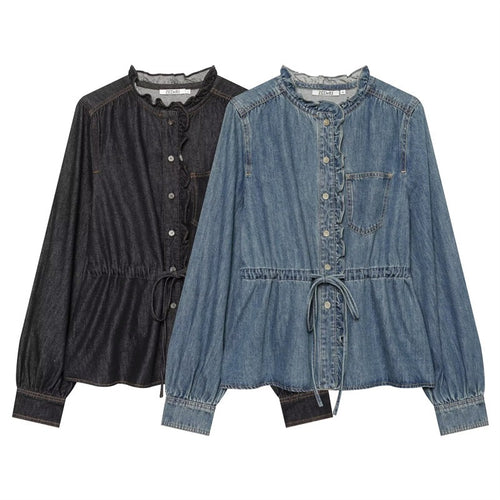 Damen taillierte Blusenjacke in Jeansoptik mit Rüschenkragen und Tunnelzug Shop Nory