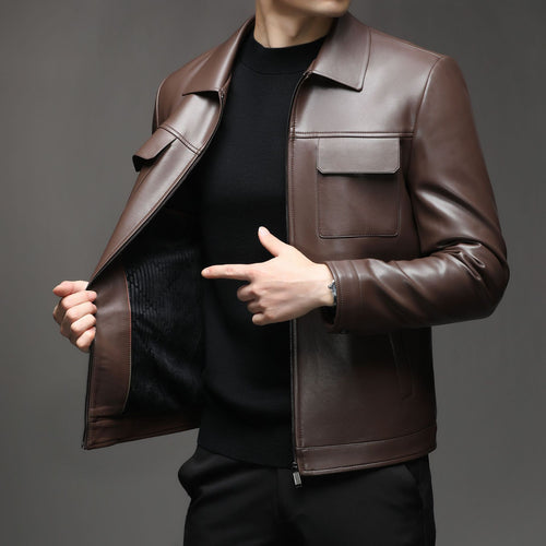 Herren Glatte Lederjacke im klassischen Hemdkragenstil mit verdecktem Reißverschluss und aufgesetzten Brusttaschen Shop Nory