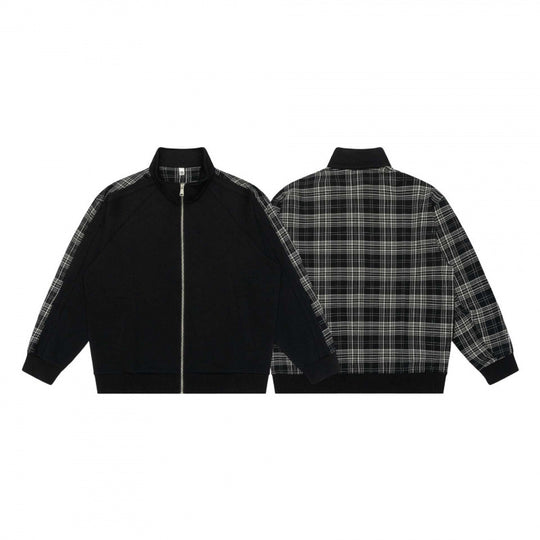 Unisex Kurz geschnittene Zip-Jacke im Boxy-Style mit Karo-Ärmeltape und Stehkragen Shop Nory