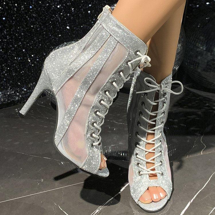 Damen Glitzer‑Peeptoe Ankle‑Boots mit Mesh‑Einsätzen, Schnürung und Seitenreißverschluss Shop Nory