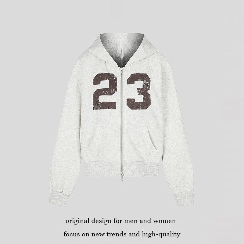Damen Kapuzen-Sweatjacke im Retro-Sportstil mit Used-Frontprint und Kängurutaschen Shop Nory