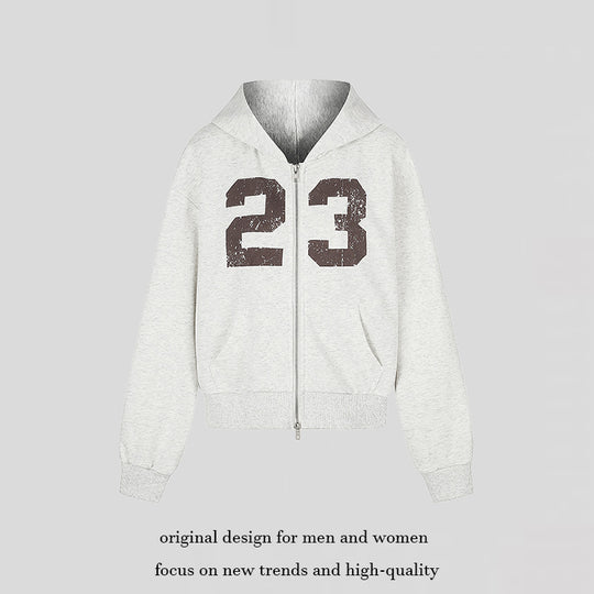 Damen Kapuzen-Sweatjacke im Retro-Sportstil mit Used-Frontprint und Kängurutaschen Shop Nory
