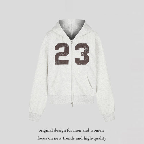 Damen Kapuzen-Sweatjacke im Retro-Sportstil mit Used-Frontprint und Kängurutaschen Shop Nory