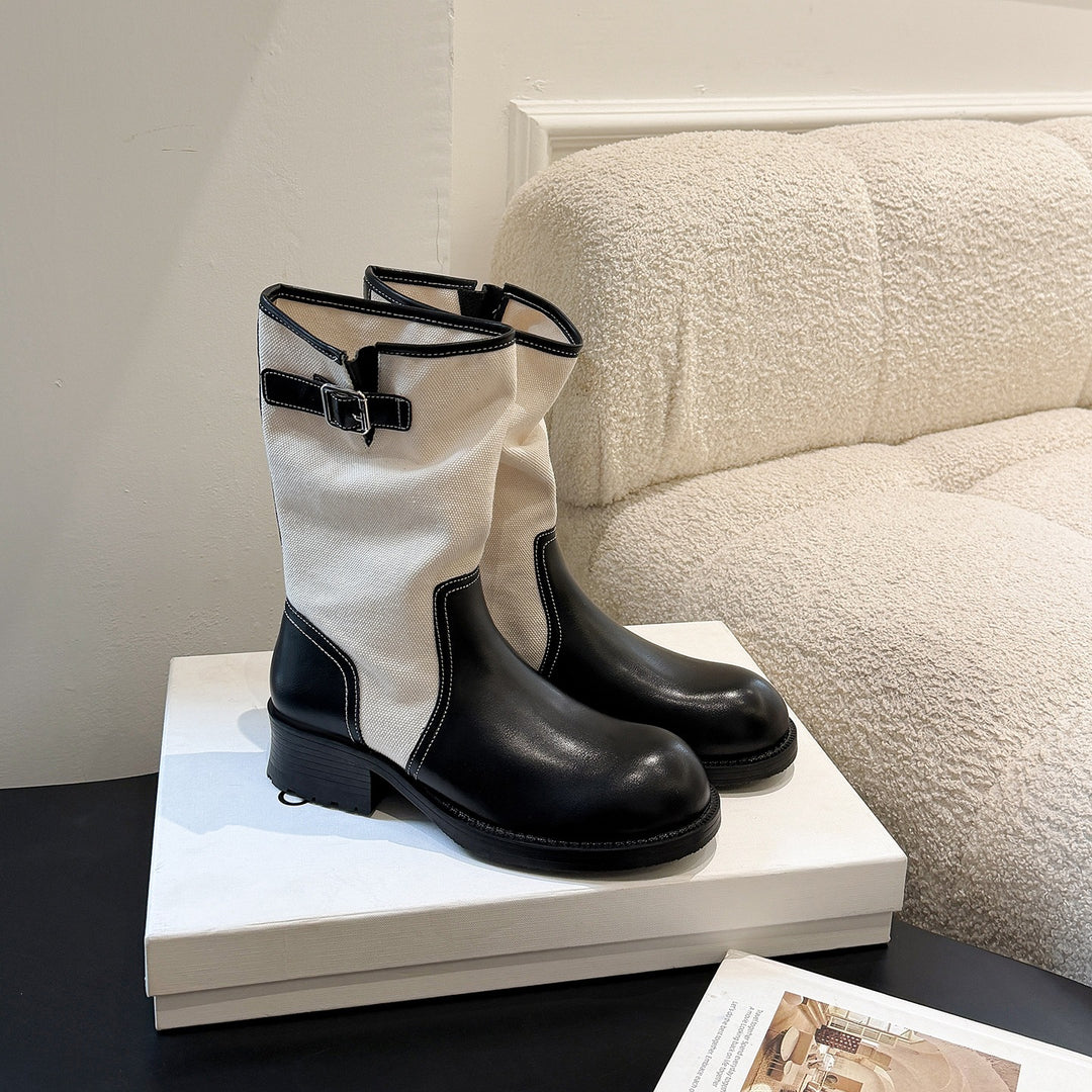 Damen Mid-Calf Stiefel aus Glattleder und Canvas mit Zier-Schnallenriemen Shop Nory