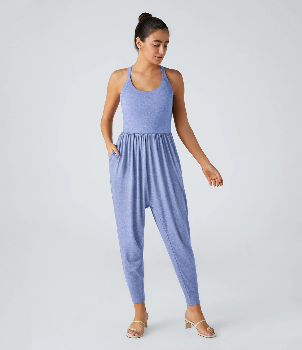 Damen nan lässiger Jersey-Overall mit Racerback, smockierter Taille und seitlichen Eingrifftaschen