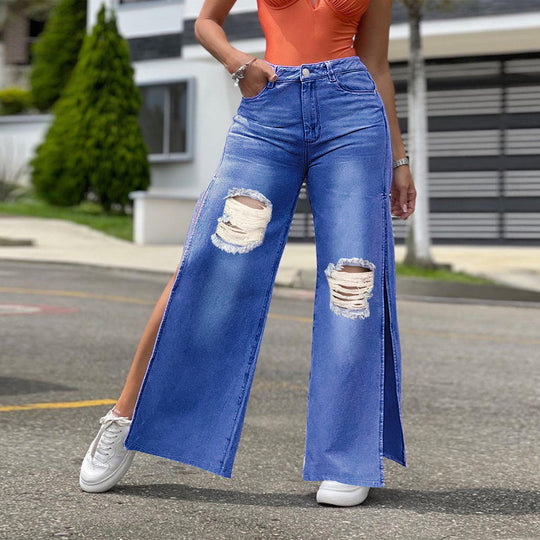 Damen Hochtaillierte Wide-Leg-Jeanshose mit Knie-Rissen und seitlichen Schlitzen Shop Nory