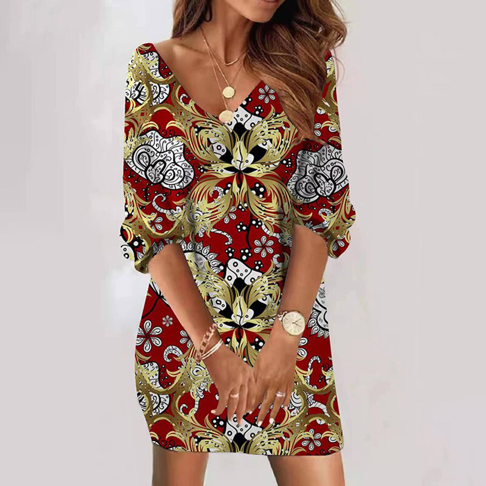 Damen Freizeitkleid mit verspieltem Camouflage-Muster und V-Ausschnitt