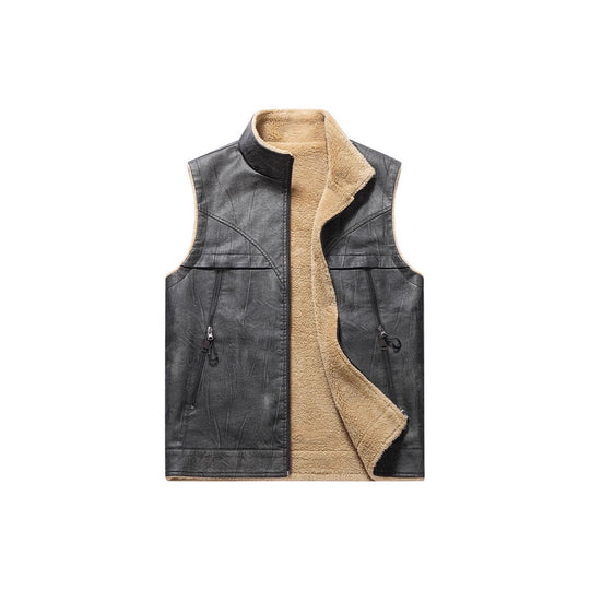 Herren Ärmellose Kunstleder-Teddyweste mit Stehkragen und Reißverschlusstaschen Shop Nory