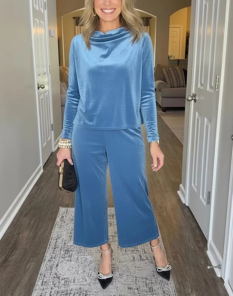 Damen Elegantes Samt-Zweiteiler mit Wasserfallkragen und weiter Culotte-Hose Shop Nory