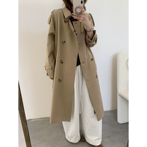Damen langer doppelreihiger Trenchcoat mit Schulterklappen und Taillengürtel Shop Nory