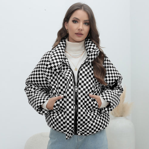 Damen Kurzgestepptes Karo-Winterjacke mit Stehkragen und Ärmeltasche Shop Nory