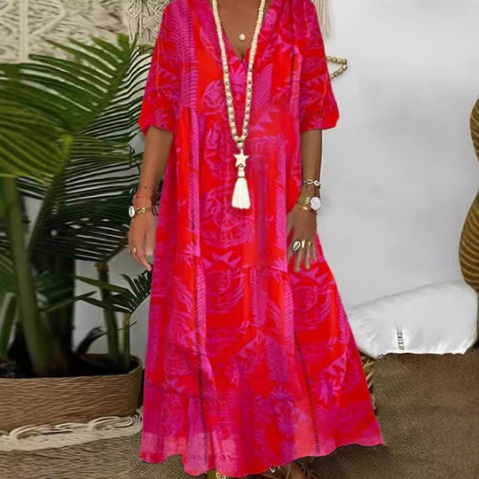 Damen elegantes Maxikleid mit floralen Motiven und V-Ausschnitt