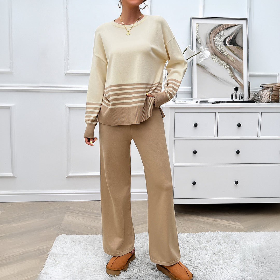 Damen nan lässiges Strick-Lounge-Set mit gestreiftem Rundhals-Pullover, Raglanärmeln und weiten taillenhohen Hosen Shop Nory