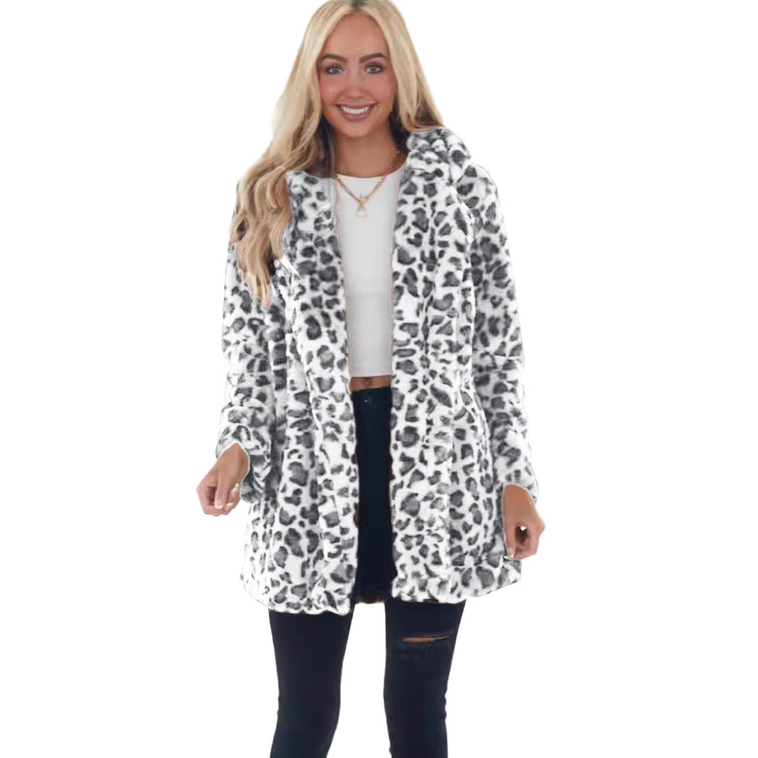 Damen Kunstfell Leopardenmuster Kapuzen Plüsch Mid-Length Mantel Shop Nory