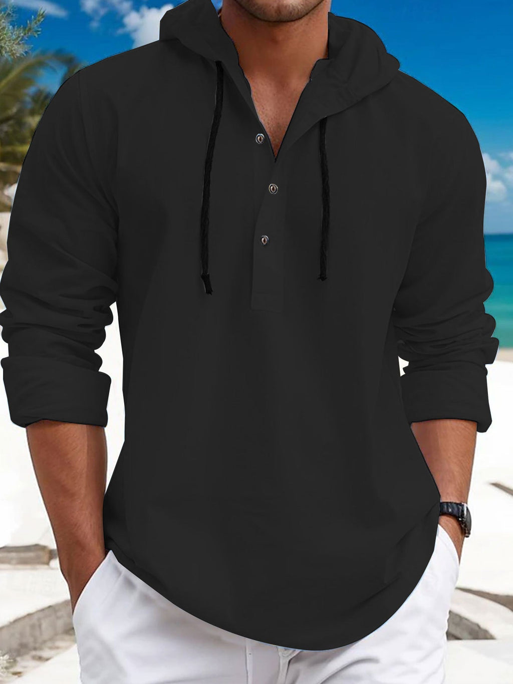 Herren Kapuzenpullover mit Knopfleiste und atmungsaktivem Stoff