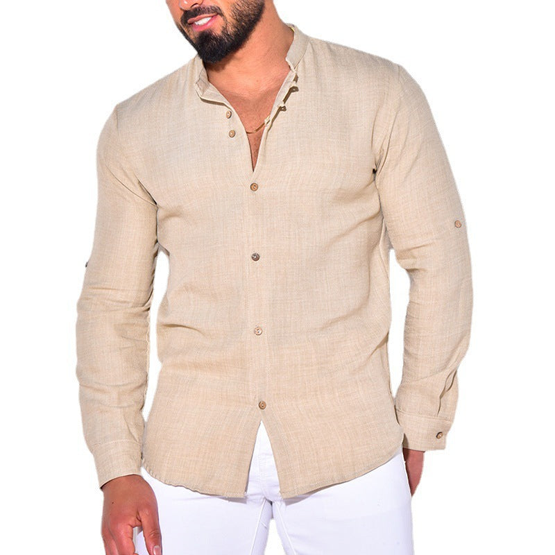 Herren Leichtes Leinenhemd mit Stehkragen, Knopfleiste und Ärmelaufrollfunktion Shop Nory