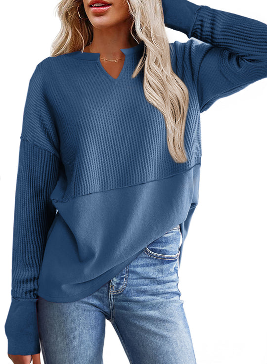 Damen Oversize-Pullover mit Waffle-Struktur, V-Notch und überschnittener Schulter Shop Nory