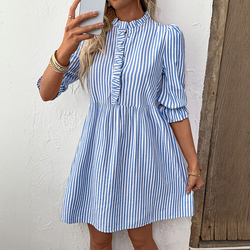 Damen Gestreiftes Leinen-Kurzkleid mit Rüschendetail Shop Nory