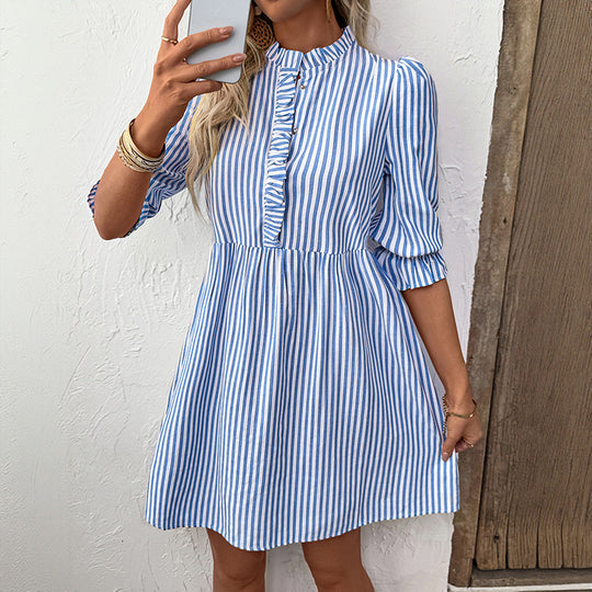 Damen Gestreiftes Leinen-Kurzkleid mit Rüschendetail Shop Nory