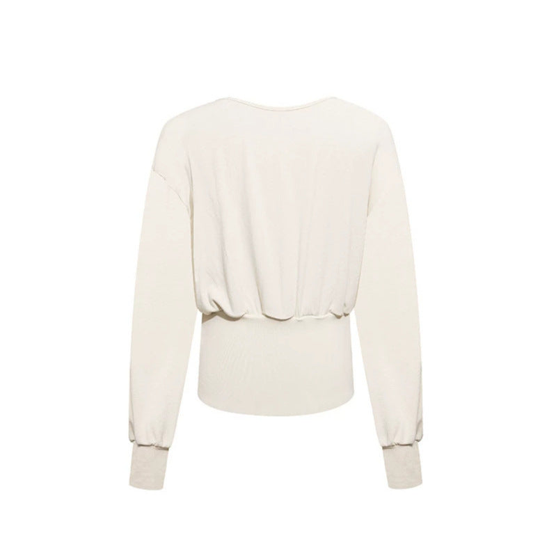Damen Drapiertes Langarm-Top mit Wasserfallkragen, offenem Rückenband und tailliertem Rippsaum Shop Nory
