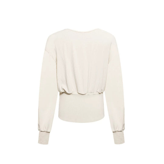 Damen Drapiertes Langarm-Top mit Wasserfallkragen, offenem Rückenband und tailliertem Rippsaum Shop Nory