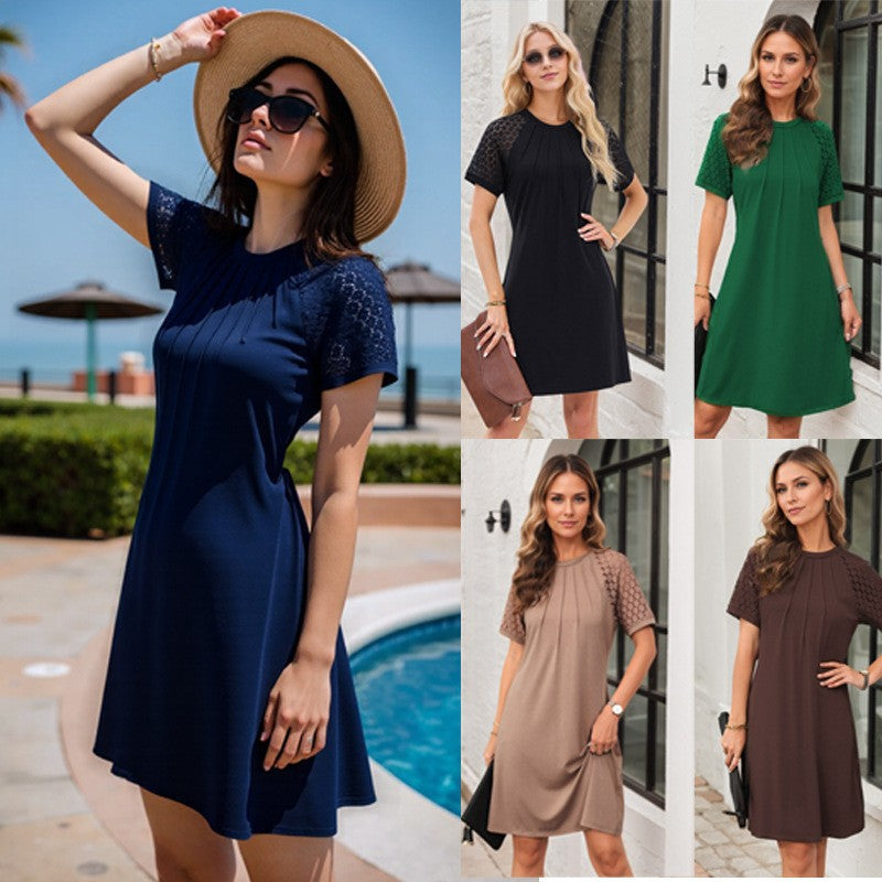 Damen Kurzärmeliges Freizeitkleid mit Faltenoberteil und Spitzeneinsätzen Shop Nory