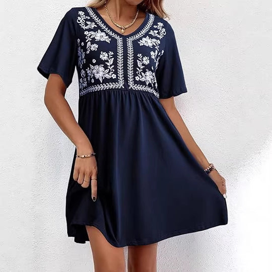 Damen Besticktes Empire-Kleid mit V-Ausschnitt, Kurzärmeln und ausgestelltem Rock Shop Nory