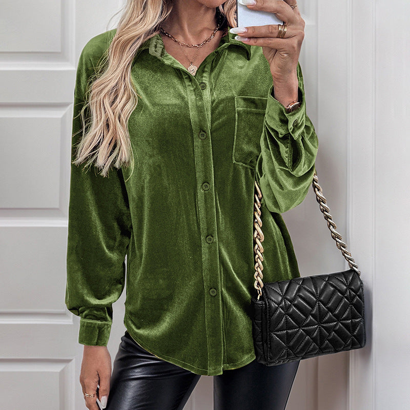 Damen Samtbluse mit Brusttasche, legerer Hemdkragen und Knopfleiste Shop Nory