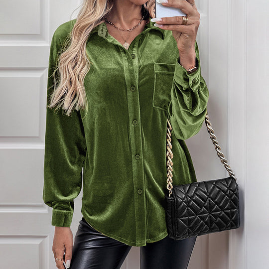 Damen Samtbluse mit Brusttasche, legerer Hemdkragen und Knopfleiste Shop Nory
