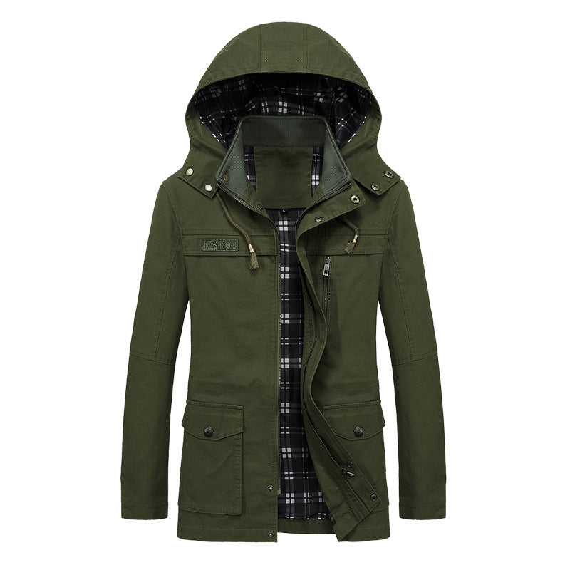 Herren Canvas-Fieldparka mit Kapuze, kariertem Innenfutter und Multifunktionstaschen Shop Nory
