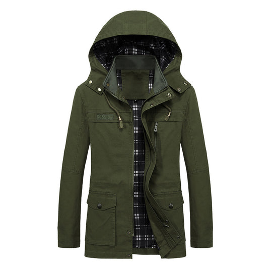 Herren Canvas-Fieldparka mit Kapuze, kariertem Innenfutter und Multifunktionstaschen Shop Nory