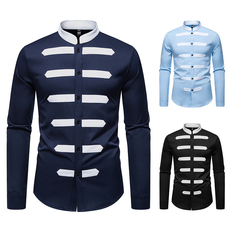 Herren Slim-Fit Hemd mit Stehkragen und dekorativen Paspelstreifen Shop Nory