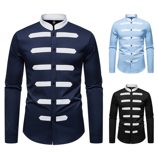 Herren Slim-Fit Hemd mit Stehkragen und dekorativen Paspelstreifen Shop Nory
