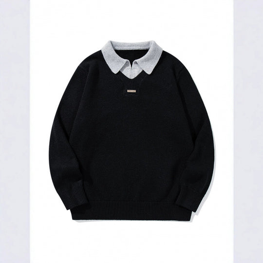 Herren Relaxter Merino-Mix Strickpullover mit kontrastierendem Polokragen und V-Detail Shop Nory