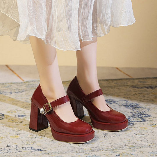 Damen elegante Mary Jane Pumps mit blockiertem Absatz und glänzendem Detail Shopnory