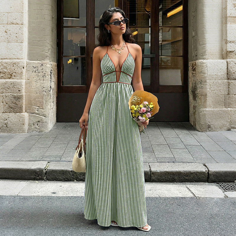 Damen Maxi-Kleid mit tiefem V-Ausschnitt und raffiniertem Streifenmuster