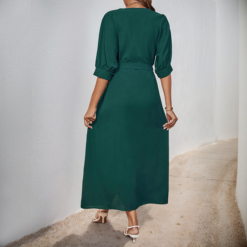 Damen Midikleid mit durchgehender Knopfleiste, V-Ausschnitt und D-Ring-Taillengürtel Shop Nory