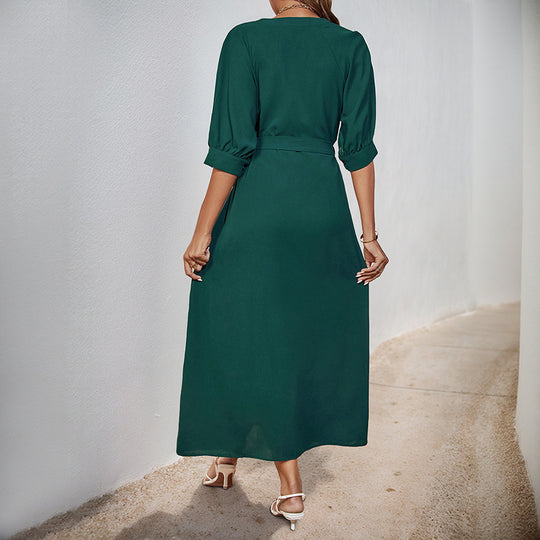 Damen Midikleid mit durchgehender Knopfleiste, V-Ausschnitt und D-Ring-Taillengürtel Shop Nory