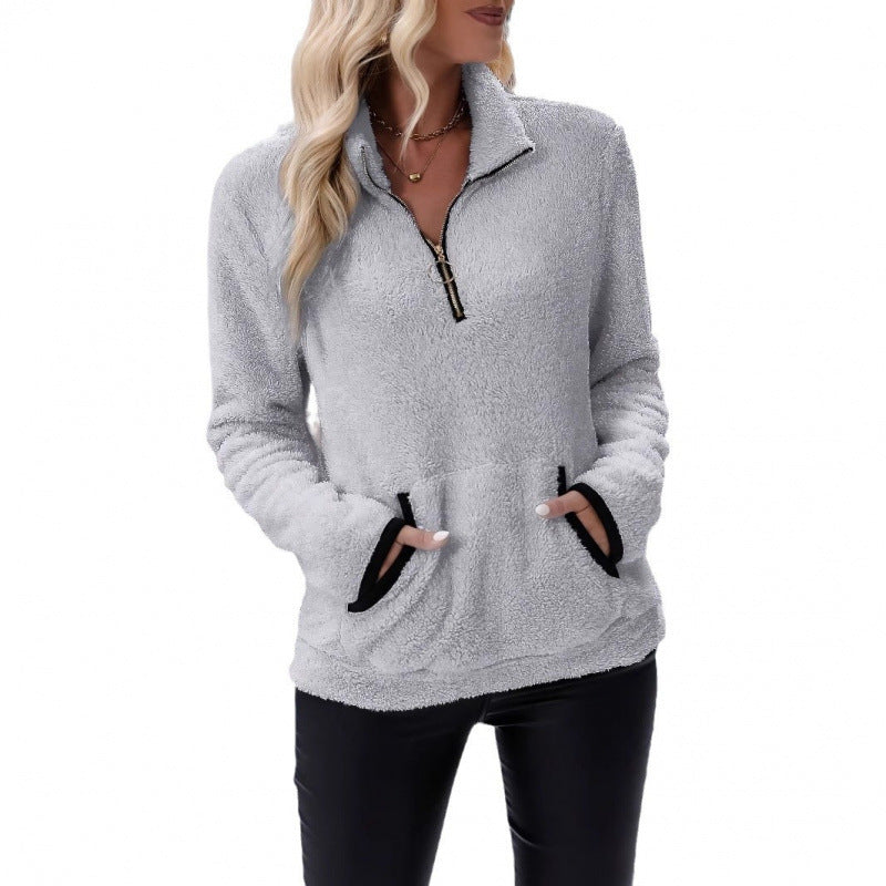 Damen flauschiger Fleece-Kuschelpullover mit halbem Reißverschluss, Kängurutasche und Stehkragen Shop Nory